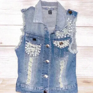 Pearl Studded Women’s Distressed Jean Denim Sleeveless Vest Jacket Women’s Sz S